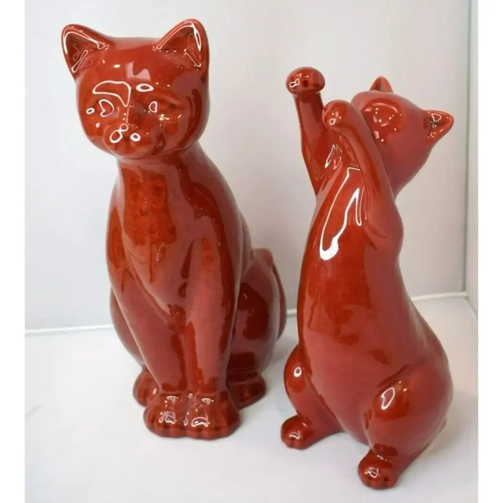 Mid Century Modern MCM Brick Red Ceramic Cats Mom‎ 10 inch and Kitten 8 Inch